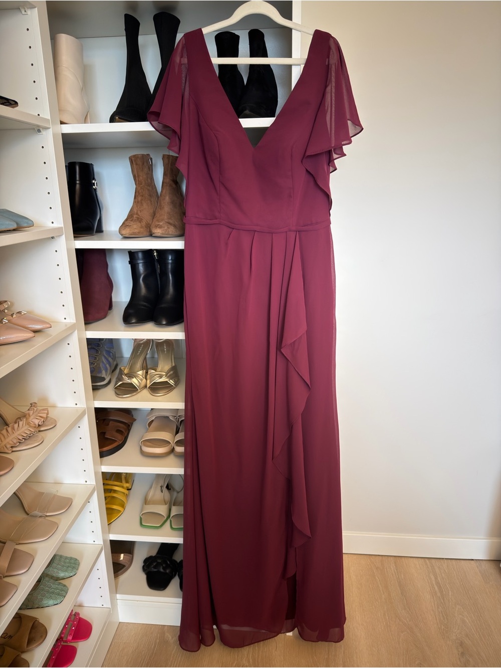 Elegant V-Neck Flutter Sleeve Maxi Dress in Wine